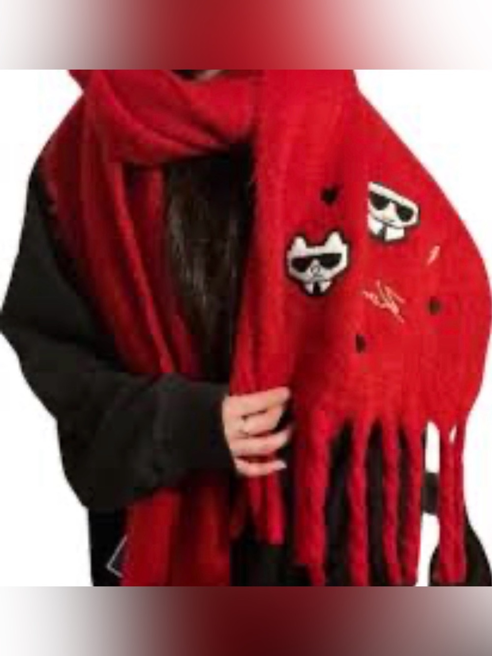 Karl Lagerfeld Kids Red Cartoon Patch Fringe Scarf